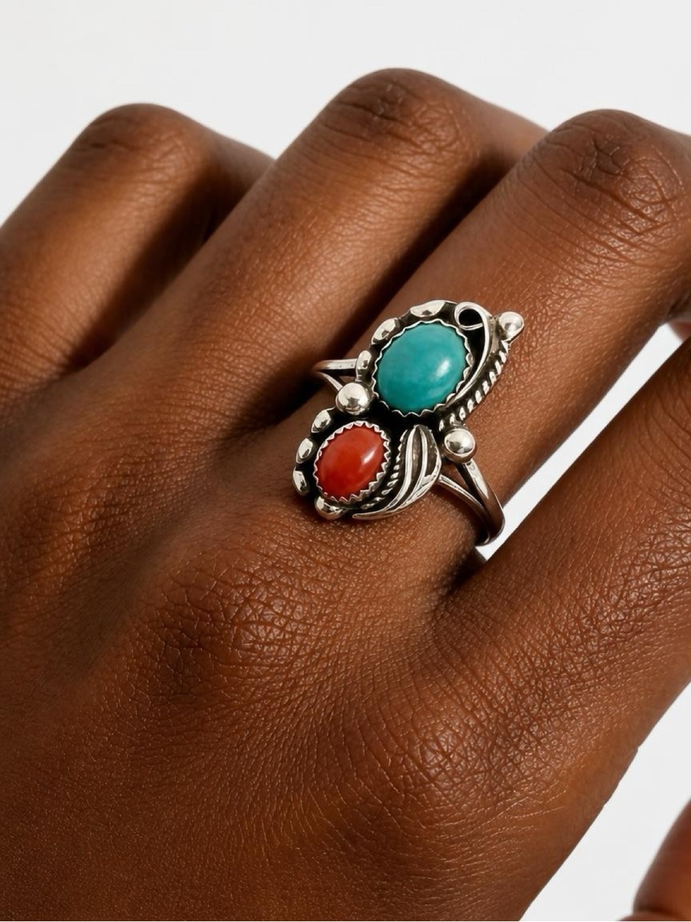 Sterling Silver Turquoise Coral Feather Ring 925 Sz 8
